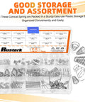 Stainless Steel Conical Compression Spring Set 123-Piece 10-Size Assortment Kit displayed in an organized storage box with springs visible.