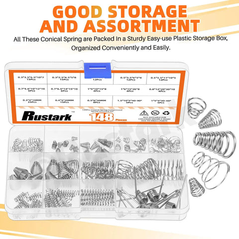 Stainless Steel Conical Compression Spring Set 123-Piece 10-Size Assortment Kit displayed in an organized storage box with springs visible.