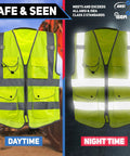 Built Different Neon Yellow Safety Vest With ANSI Class Two Reflective Striping And Nine Roomy Pockets For Construction Teams And Roadside Pros Wanting Top Shelf Coverage Locked In On Every Job Site displayed in daytime and nighttime visibility.
