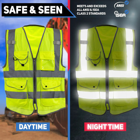Built Different Neon Yellow Safety Vest With ANSI Class Two Reflective Striping And Nine Roomy Pockets For Construction Teams And Roadside Pros Wanting Top Shelf Coverage Locked In On Every Job Site displayed in daytime and nighttime visibility.