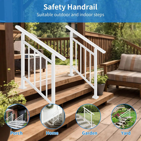 Heavy Duty White Wrought Iron Handrails For Outdoor Steps, DIY assembly on porch steps with safety grip handrail.