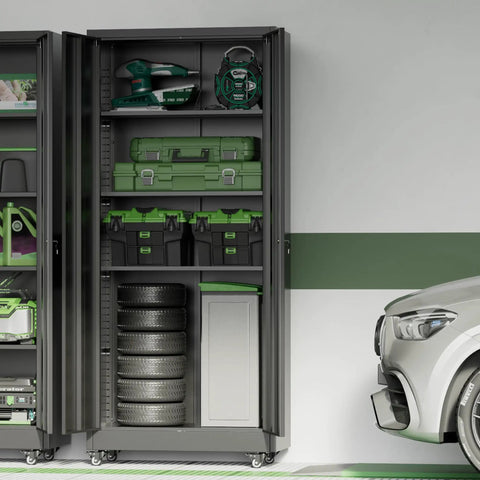Beefy Heavy Duty 73 Inch Tall Metal Storage Cabinet On Wheels With Lockable Doors And Adjustable Shelves Five Tier Garage And Workshop Organizer For Tools Supplies And Home Essentials