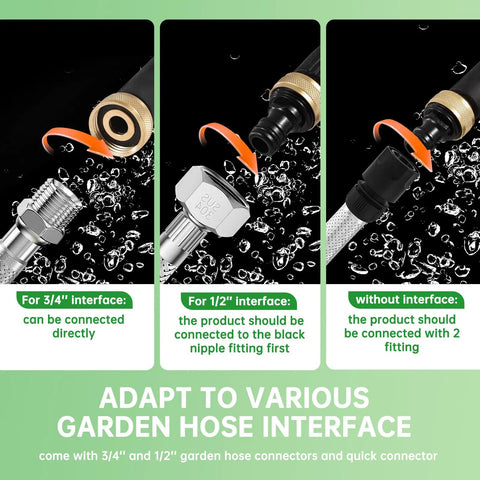 Hydro Jet High Pressure Hose Nozzle For Garden Hose With Power Washer Wand Includes 2 Nozzles Fan And Linear And Quick Connectors Great For Car Washing Patio Cleaning And Window Washing Black showing various garden hose interfaces.