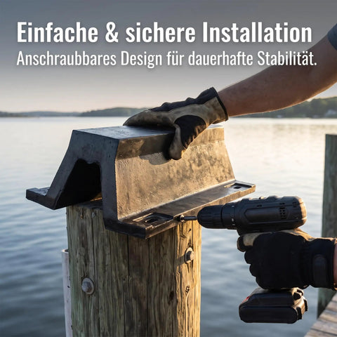 Installation of Beefed-Up Rubber Dock Protector With Arch Bolt-Down Mount using drill on a waterfront dock post.