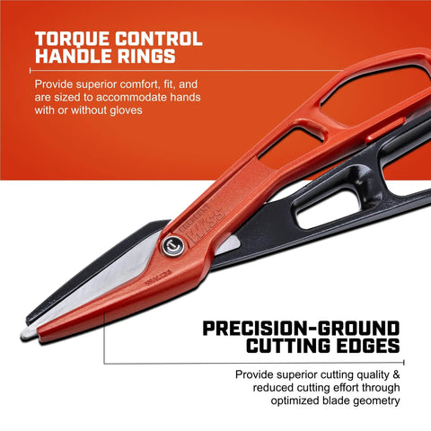 Close-up of Lightweight Aluminum Tinner Snips With Torque Control Rings And Adjustable Pivot Bolt For Clean, Easy Metal Cutting 12 Inch WAL13S