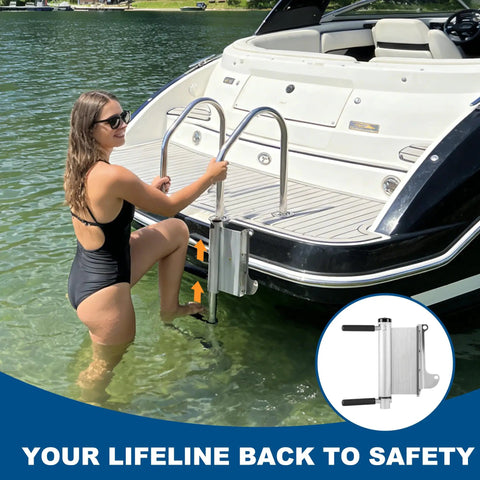2 Step Emergency Reboarding Ladder For Boats All Aluminum Twist Step Boat Ladder For Jack Plate And Engine Bracket Corrosion Resistant Non Slip Pedals Quick Deploy For Fast Safe Reentries And Easy Back On Board From The Water mounted on boat