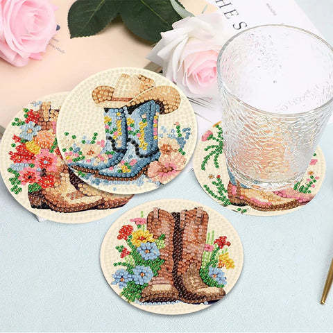 8 Pcs Cowboy Boots Diamond Art Coaster Kit For Adults Beginners Diy Craft Lovers With Holder Cork Pads Diamond Painting Pen