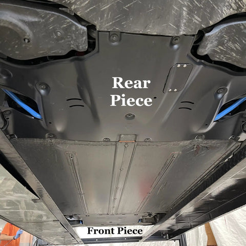 Crush Proof Hydroformed Aluminum Skid Plates For Tesla Model Y Front And Rear installation view showing the front and rear pieces.