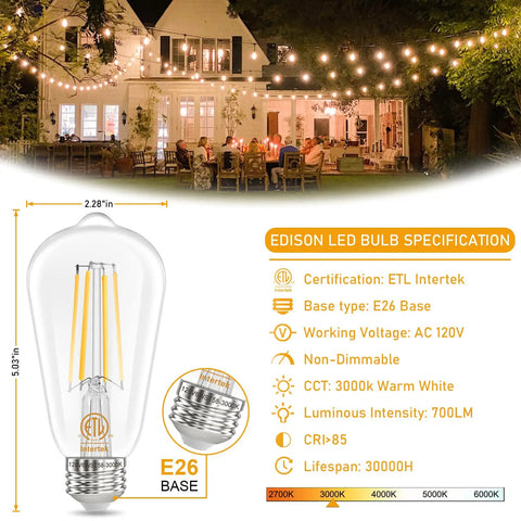 Edison E26 LED Bulb 60W Equivalent 3000K Soft Warm White 6W Vintage Filament Light Bulbs Antique ST58 Clear Glass CRI 85 E26
