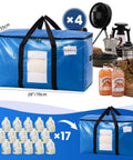 Extra Large Moving Bags 4 Pack Heavy Duty Storage Totes with see-through window, black handles, holds various items, dimensions shown.