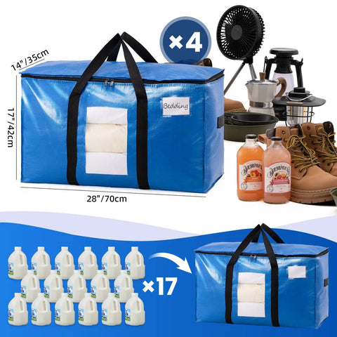 Extra Large Moving Bags 4 Pack Heavy Duty Storage Totes with see-through window, black handles, holds various items, dimensions shown.