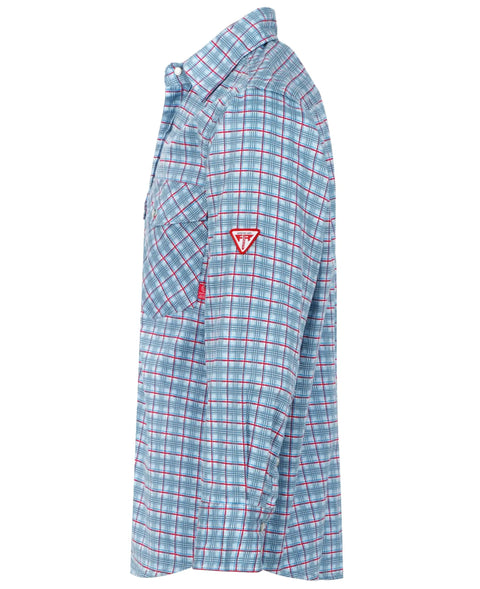 Side view of Men's Flame Resistant Plaid Shirt 6.5 Oz Lightweight FR Treated Blue And Red Check With FR Buttons Snap Front Wrinkle Free