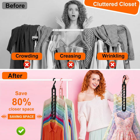 Comparison of cluttered closet before using Space Saving Dorm Room Hangers Pack Of 6 With 9 Holes and organized after use