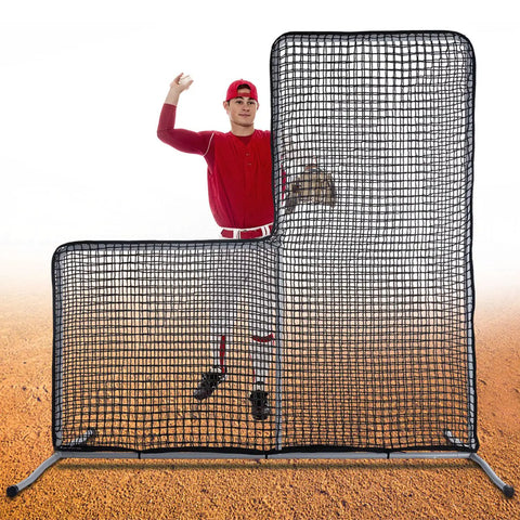 Heavy Duty L Screen Pitching Net For Baseball And Softball Batting Cage 7x7, shows pitcher behind 32mm steel frame