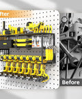 Heavy Duty Metal Garage Power Tool Organizer Wall Mount Three Layer Drill Holder For Cordless Tools 150 Pound Capacity Easy 15 Minute Install Quick Mount Shelf For Shop Organization And Storage on a pegboard with tools organized.