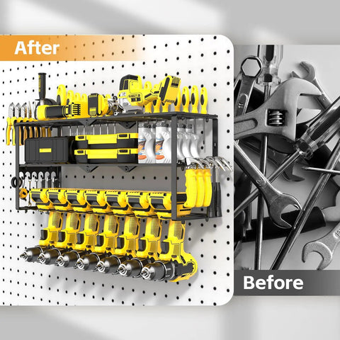 Heavy Duty Metal Garage Power Tool Organizer Wall Mount Three Layer Drill Holder For Cordless Tools 150 Pound Capacity Easy 15 Minute Install Quick Mount Shelf For Shop Organization And Storage on a pegboard with tools organized.