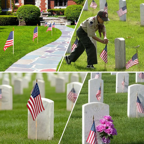 12x18 Inch American Flags Pack Of 12 With Spear Top On Sticks For Memorial Day And Fourth Of July Outdoor Decor Hand Held Flag Set 30 Inch Pole When Joined Built For Parade Ready Displays at a cemetery.