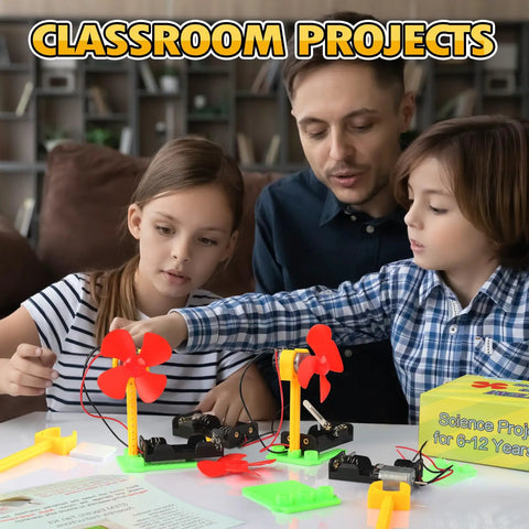 Children and adult using Bulk Electric Circuit Kit Set for Kids Classroom Use; 7 Fan Project Bundles for STEAM Activities on table.