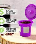 Purple refillable K-Cup filter with coffee grounds, part of Two Item Bundle With Reusable K Cup Coffee Filters Four Pack And EZ Scoop.