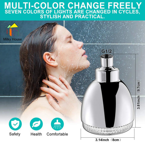 Woman enjoying shower with Lit LED Shower Head With Color Changing Lights, high-pressure rain, durable ABS chrome