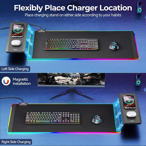 Top view of RGB Wireless Charging Gaming Mouse Pad with Dual 15W Fast Chargers, showing phone and earbuds charging zones on desk mat.