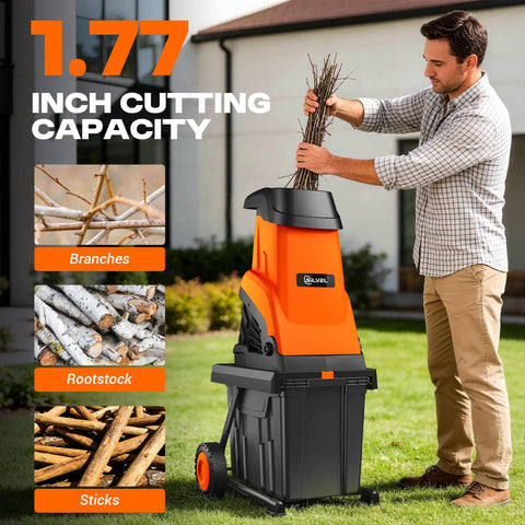 Powerful Electric Wood Chipper Shredder For Quick Yard Cleanup With 1800W Power, 4500 RPM shown with a man inserting branches