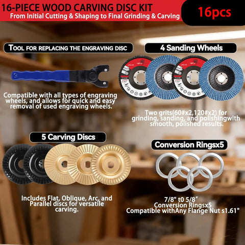 16 Piece Wood Carving Disc Kit For 4 Inch And 4.5 Inch Angle Grinders, tool, sanding wheels, carving discs, conversion rings