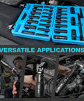 One Half Inch Drive Impact Socket Set, Beefy 29 Pieces With SAE Eighths To One Inch And Metric Ten To Twenty Four Millimeter Sizes in blue case, used on automotive parts.