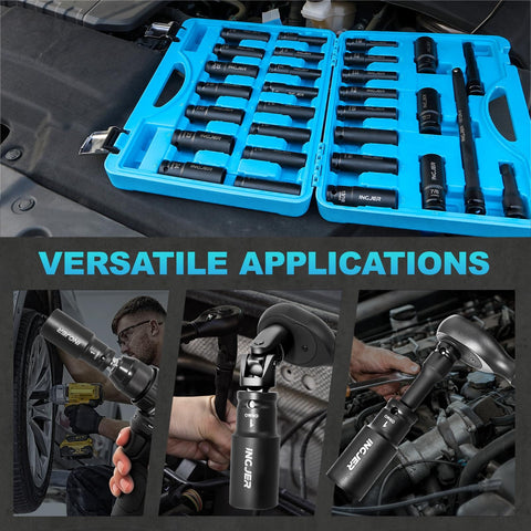 One Half Inch Drive Impact Socket Set, Beefy 29 Pieces With SAE Eighths To One Inch And Metric Ten To Twenty Four Millimeter Sizes in blue case, used on automotive parts.