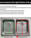 Guide on measuring sink for Two Pack Stainless Steel Sink Grids For Kitchen Bottom Protection with green and red lines.