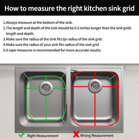 Guide on measuring sink for Two Pack Stainless Steel Sink Grids For Kitchen Bottom Protection with green and red lines.