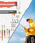 130Piece Pro Fishing Lures Kit With Tackle Box For Bass Anglers showing jigs and a person fishing in yellow hoodie.