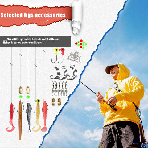 130Piece Pro Fishing Lures Kit With Tackle Box For Bass Anglers showing jigs and a person fishing in yellow hoodie.