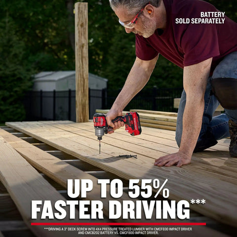 Person using V20 Brushless RP Cordless Quarter Inch Impact Driver Tool Only With 1800 Inch Pounds Torque on wooden deck