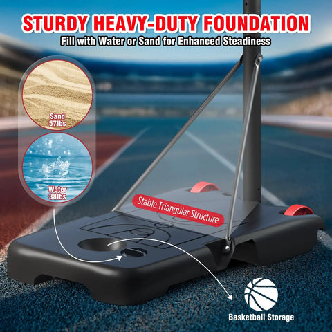 Base of Kids Adjustable Basketball Hoop System Portable 3 To 7 Ft with instructions to fill with water or sand for stability.