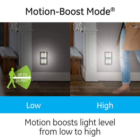 Plug In LED Motion Sensor Night Light With 40 Lumens And Motion Select For Boost Or Activation Dusk To Dawn Auto On Detects Motion Up To 25 Feet Brushed Nickel Louver Finish Great For Hallways And Desks 1 Pack