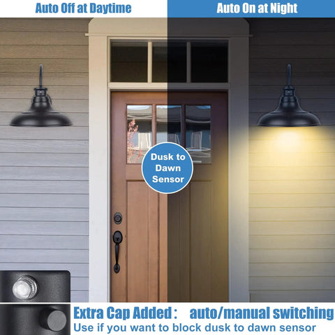 Two Pack Dusk To Dawn LED Outdoor Barn Lights With Gooseneck Wall Mounts, Large 12.25 Inch Black Porch Lights, auto on at night