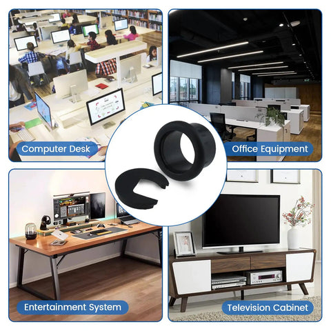 One Inch Desk Hole Wire Grommet Black Plastic Cable Cord Cover Organizer With Removable Lid shown in various setups