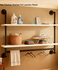 Floating Wall Shelves With Towel Bar, Industrial Pipe Shelving showcasing laundry items and folded towels in a laundry room setting.