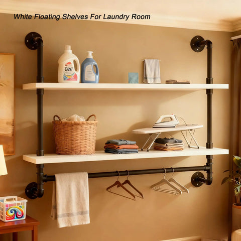 Floating Wall Shelves With Towel Bar, Industrial Pipe Shelving showcasing laundry items and folded towels in a laundry room setting.