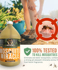 Miracle Outdoor Mosquito Spray For Yard Pet Safe Concentrate bottle, woman gardening, mosquito target, citronella scent highlight.