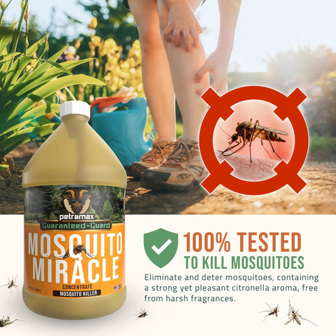 Miracle Outdoor Mosquito Spray For Yard Pet Safe Concentrate bottle, woman gardening, mosquito target, citronella scent highlight.