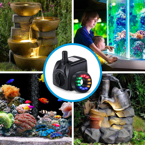 Submersible Fountain Pump With Bright LED Lights 220 GPH 15W 900 LPH for aquarium, pond, colorful night glow in use
