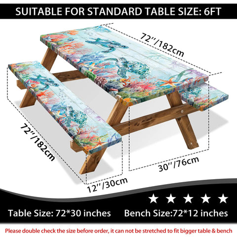 Outdoor Picnic Table Cover With Elastic Sides And Bench Covers 3 Piece Set 72 X 30 Table And 72 X 12 Benches Waterproof Fit For 6Ft Tables Sea Turtle Pattern