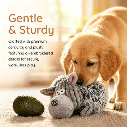 Puppy playing with Detachable Rolling Plush Toy For Dogs With Removable Motion Ball Corduroy Stuffed Chase Toy For Doggos
