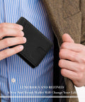 Slim Rfid Blocking Genuine Leather Bifold Wallet For Men With Dual Id Display Large Card Capacity And Kickass Gift Box Durable Full Grain Stitching Tight Carry held by person wearing a blazer.