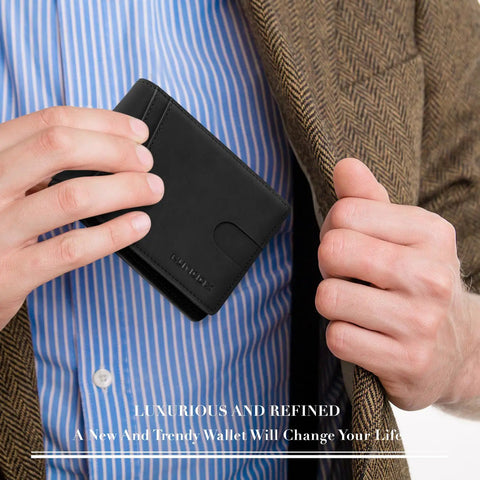 Slim Rfid Blocking Genuine Leather Bifold Wallet For Men With Dual Id Display Large Card Capacity And Kickass Gift Box Durable Full Grain Stitching Tight Carry held by person wearing a blazer.