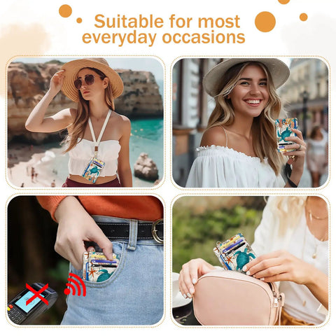 Women using Sea Turtle RFID Credit Card Holder Wallet For Women Ultra Slim Front Pocket Card Case With ID Window in various settings.