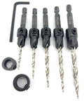 Heavy Duty 5 Piece Countersink Drill Bit Set With Hex Shank Tapered Bits For Wood Projects, HSS M2 steel, assorted sizes.