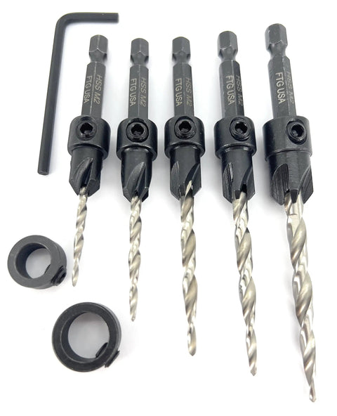 Heavy Duty 5 Piece Countersink Drill Bit Set With Hex Shank Tapered Bits For Wood Projects, HSS M2 steel, assorted sizes.